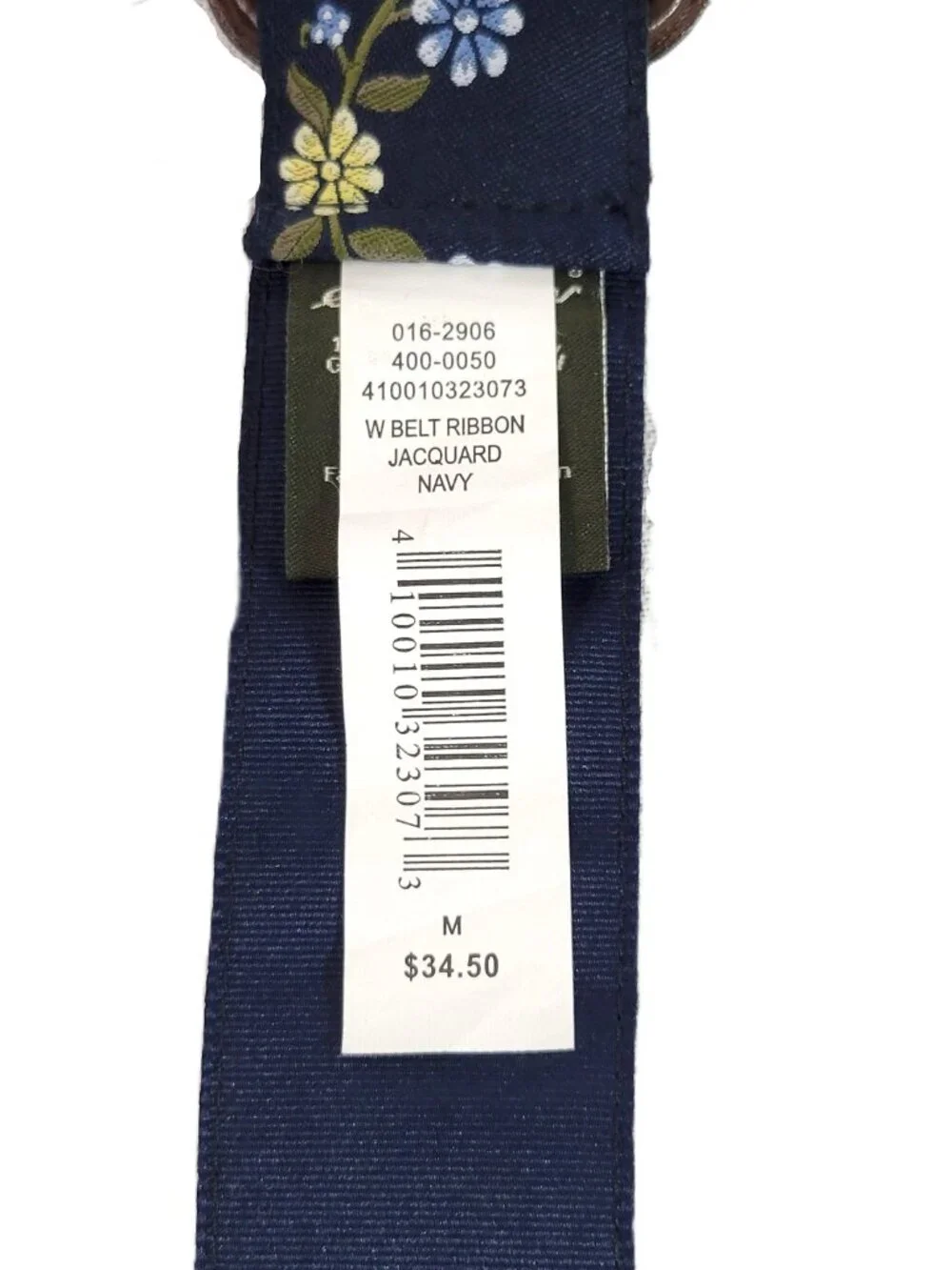 NWT Eddie Bauer Navy Blue Floral Jacquard Ribbon Leather O-Ring Belt M